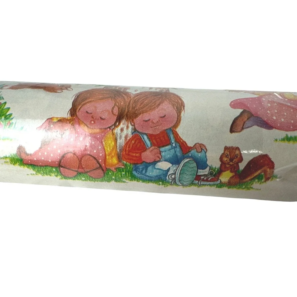 Vintage‎ 80s Gift Wrap Paper Roll Children Rainbow Bunnies Squirrels 24 Inch
